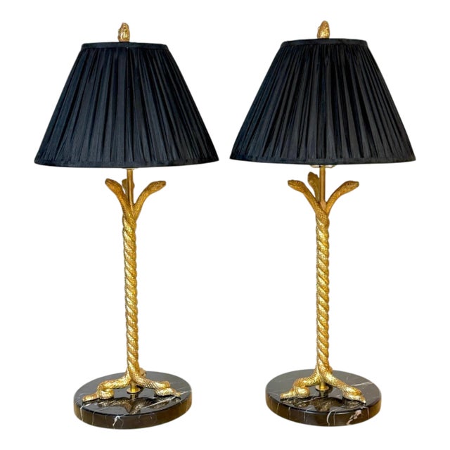 Late 20th Century Pair Italian Neoclassical Gilt Metal Three-Serpent Table Lamps, Marble Bases For Sale