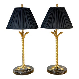 Pair Italian Neoclassical Gilt Metal Three-Serpent Table Lamps, Marble Bases For Sale