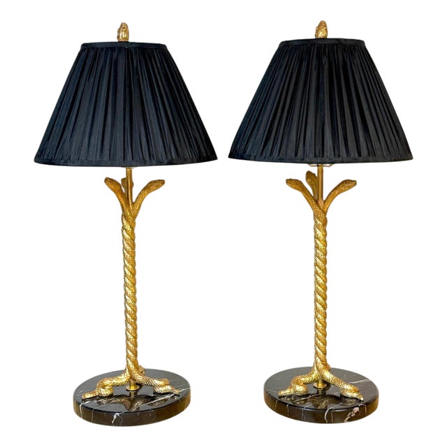 Pair Italian Neoclassical Gilt Metal Three-Serpent Table Lamps, Marble Bases For Sale