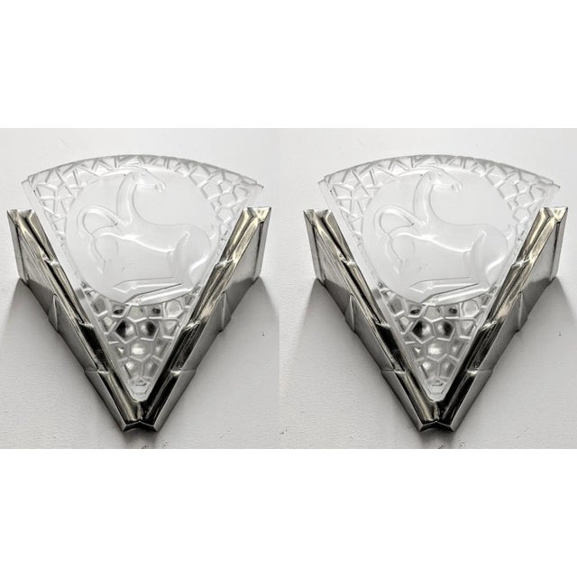 Metal 1930s French Art Deco Antelope Wall Sconces by Degue - a Pair For Sale - Image 7 of 7