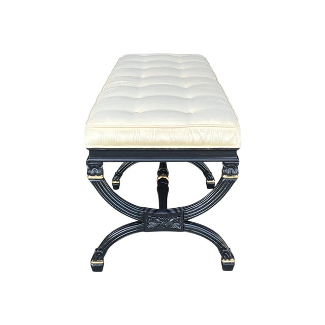 1970s 1970s Elegant Ebonized X-Base Bench With Tufted Oyster Upholstery & Gold Accents For Sale - Image 5 of 17