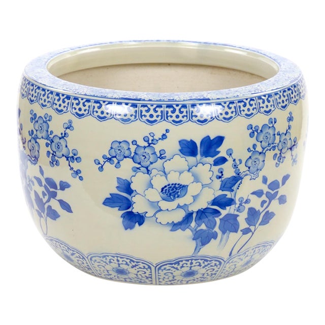 Asian Blue and White Porcelain Planter / Fish Bowl, Late 20th Century For Sale