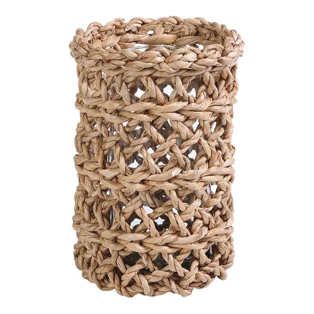 12-Inch Tall Seagrass Open Weave Hurricane with Glass Insert For Sale