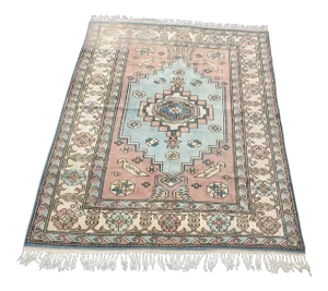 Vintage Floral Design Ethnic Turkish Handmade Rose Pink and Blue Rug