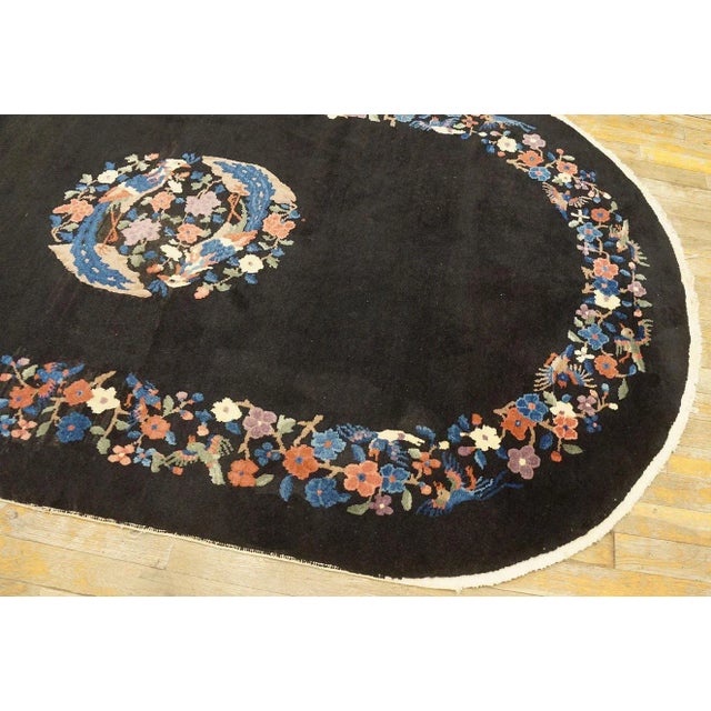 Textile 1920s Black Medallion Floral Antique Oval Chinese Art Deco Carpet 4'1" X 6'10" Wool Knotted Rug For Sale - Image 7 of 9