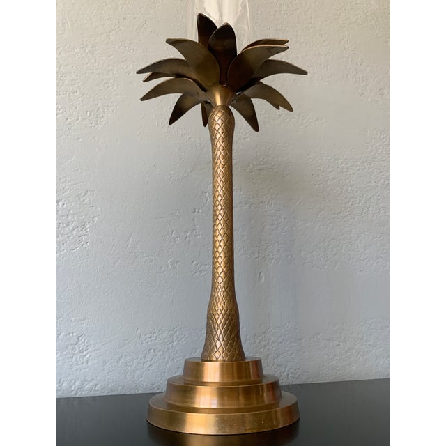 Mid 20th Century Large Brass Palm Taper Candle Holder With Glass Hurricane For Sale In Nashville - Image 6 of 7