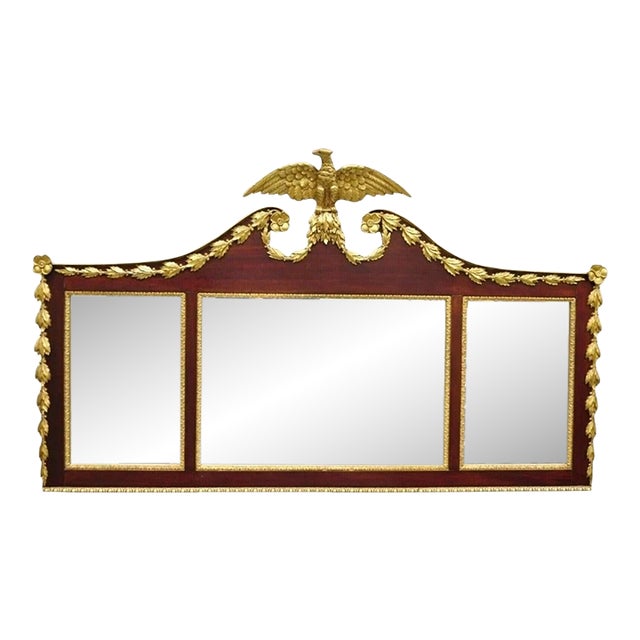 Antique American Federal Gilt Carved Overmantle Triple Mirror With Gold Eagle For Sale
