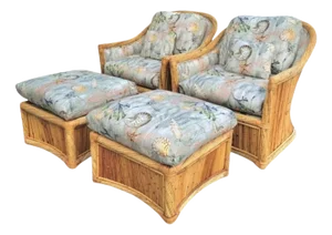 Vintage Pencil Reed Vivai Del Sud Style Coastal Regency Lounge Chairs With Matching Ottomans- Set 4