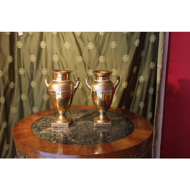 French Empire Period Matte and Burnished Gilt Porcelain Vases, Set of 2 For Sale - Image 9 of 10