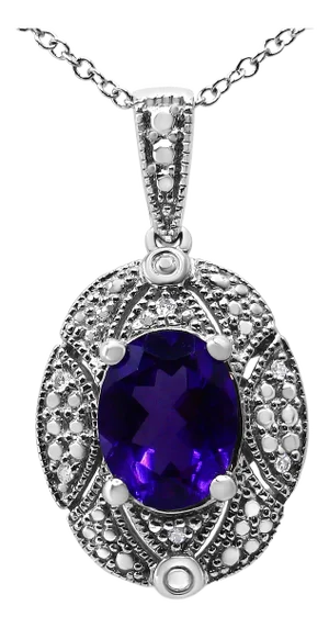 .925 Sterling Silver Diamond Accent and 9x7mm Purple Oval Amethyst Gemstone Pendant 18" Necklace (I-J Color, I1-I2 Clarity)