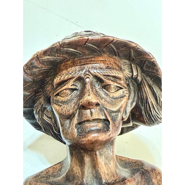 Mid-Century Balinese Hand-Carved Wood Elderly Farmer Couple Busts, Pair For Sale - Image 4 of 12