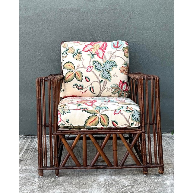 Vintage Stick Rattan Lounge Chair in Vintage Schumacher Paisley For Sale - Image 12 of 12