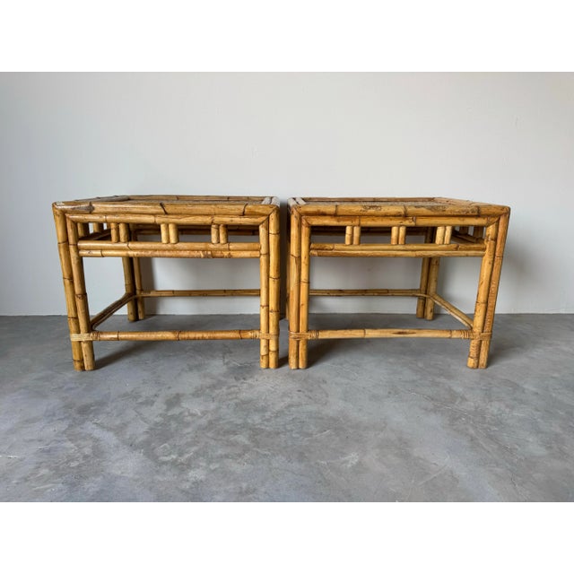 1980s Pair of Vintage Coastal Boho Chic Bamboo Rattan Side Tables/ Sold For Sale - Image 5 of 10
