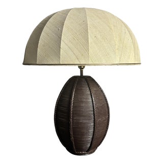 Mid-Century Boho Pencil Reed Rattan Table Lamp with Mushroom Shade, 1970s For Sale