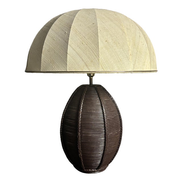 Mid-Century Boho Pencil Reed Rattan Table Lamp with Mushroom Shade, 1970s For Sale