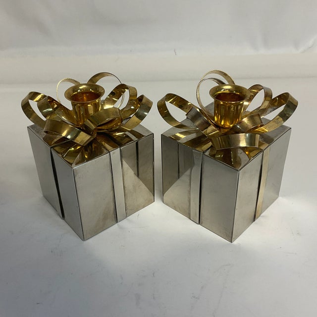 Metal Vintage Contemporary Americana Christmas Metal Wrapped Present Candle Holders - a Pair. For Sale - Image 7 of 7