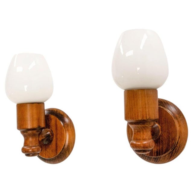 Brown French Beech & Opaline Glass Wall Lights, 1970s, Set of 2 For Sale - Image 8 of 8