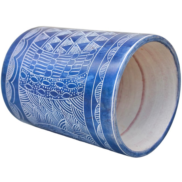 Vintage Handmade West-African Blue-Patterned Soapstone Accent Catchall For Sale - Image 4 of 7
