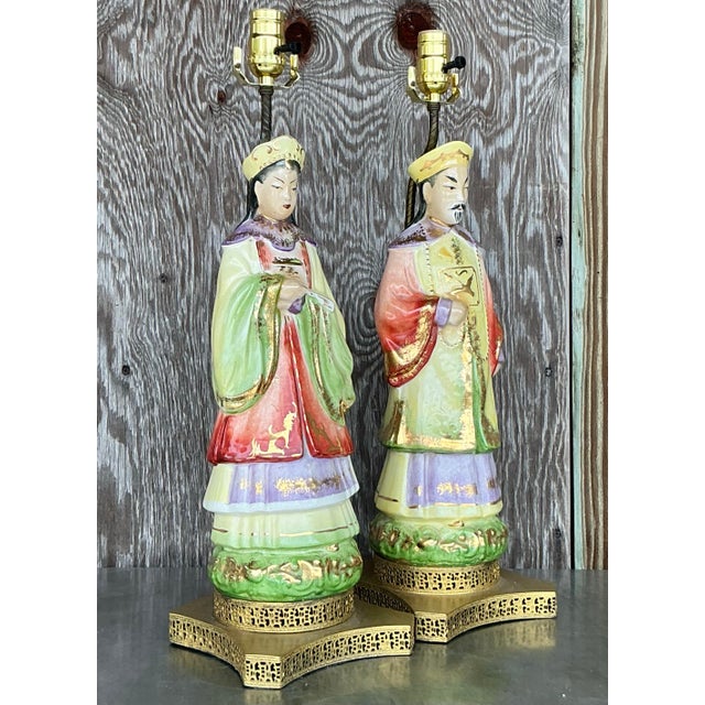 Vintage Asian Glazed Ceramic Emperor Lamps - a Pair For Sale - Image 4 of 5
