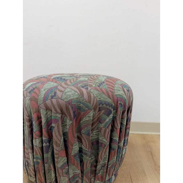 Purple Vintage Postmodern Purple Green Ottoman Leaf Pattern Retro Accent Pouf For Sale - Image 8 of 9
