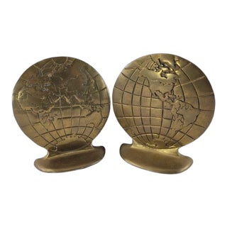 Vintage Brass World Globe Bookends - a Pair For Sale