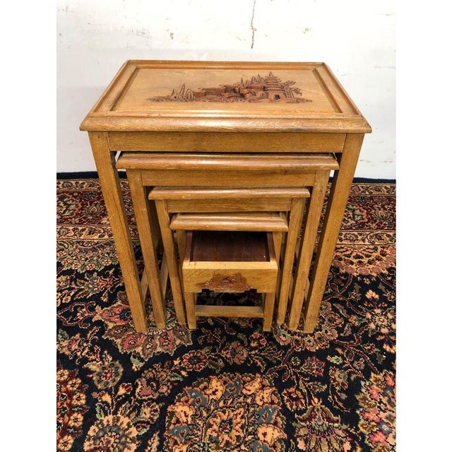 Wood Vintage Chinoiserie Style Teak Carved Nesting Tables - Set of 4 For Sale - Image 7 of 10