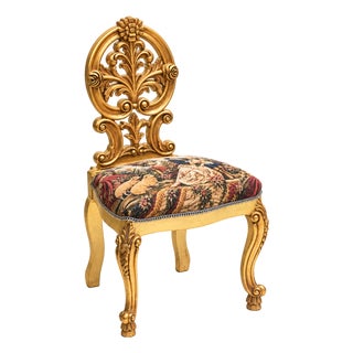 Rococo-Inspired Accent Chairs – Gold Leaf Frames, Sculpted Floral Crests & Pastoral Tapestry Upholstery For Sale