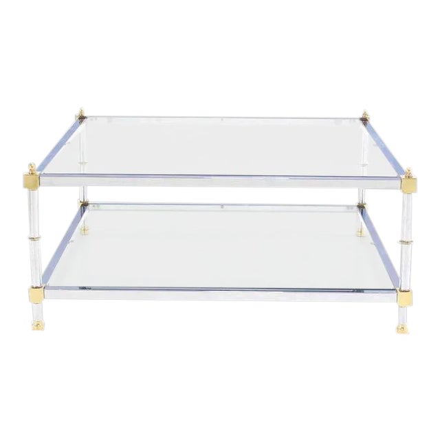 Vintage Mid Century Square 2 Tier Chrome Brass Glass Top Coffee Table For Sale