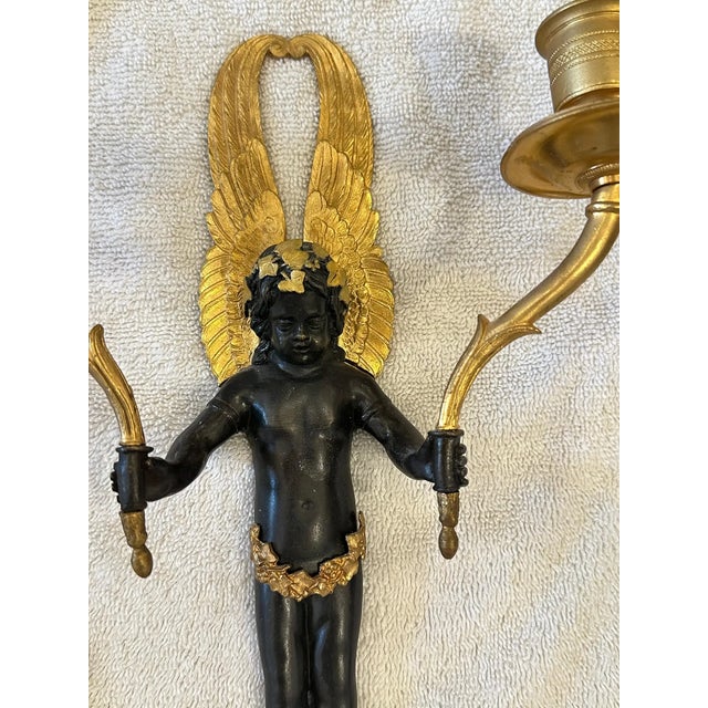 Traditional Four Empire Style Gilt and Patinated Bronze Cherub Sconces For Sale - Image 3 of 6