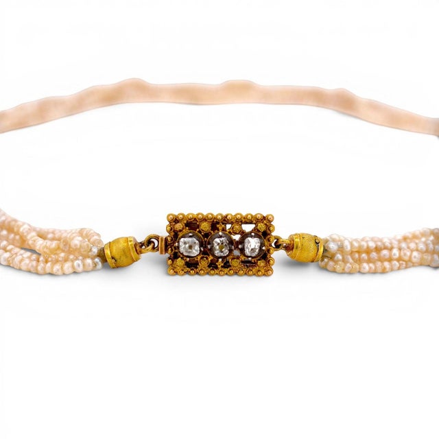 Traditional Antique Belle Époque Multi Strand Pearl Choker Necklace — 18k Gold & Old-Cut For Sale - Image 3 of 8