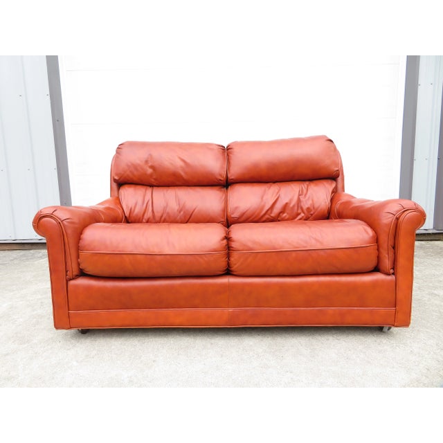 Mid-Century Modern Vintage Genuine Leather 2 Seater Sofa Loveseat W/ Footstool Ottoman Bench ~ MCM For Sale - Image 3 of 15