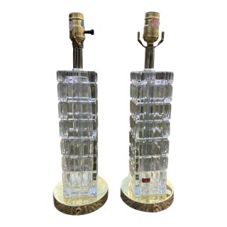 Vintage Portuguese Crystal Column Table Lamps, a Pair, Faceted Glass, Brass Bases. For Sale