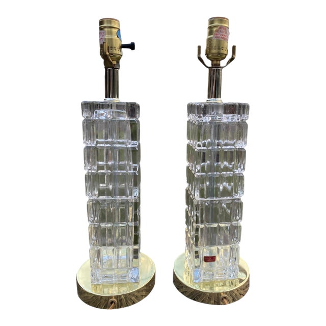 Vintage Portuguese Crystal Column Table Lamps, a Pair, Faceted Glass, Brass Bases. For Sale