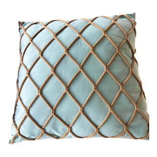 Pair of Coastal Blue Pillows With Overlay Knotted Rope - 2 For Sale