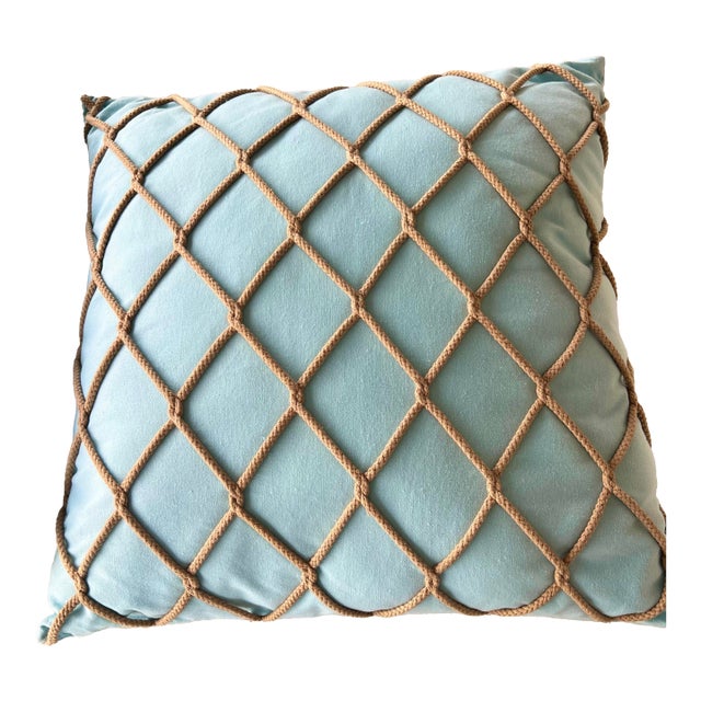 Pair of Coastal Blue Pillows With Overlay Knotted Rope - 2 For Sale