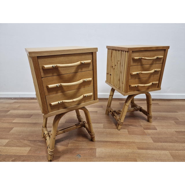 Wood Vintage Bedside Tables in Bamboo and Oak, 1980s, Set of 2 For Sale - Image 7 of 16