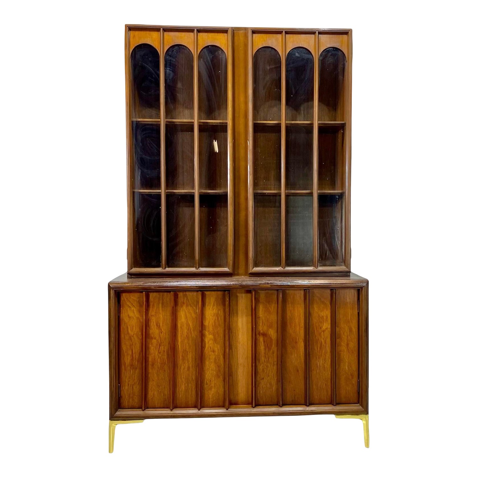 1960s Mid Century Modern Keller Furniture Colonnade Walnut China Hutch