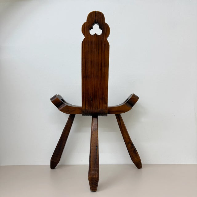 Brown Spanish Brutalist Hand Carved Oak Tripod Chair, 1970s For Sale - Image 8 of 18