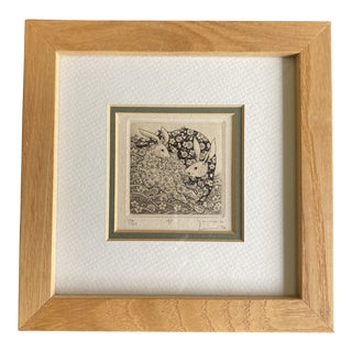 1970s Original Miniature Etching of Rabbits by Akio Yamao, Framed For Sale