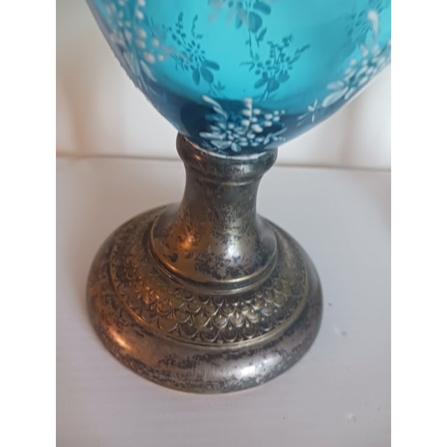 Rare Pair Antique WMF Art Nouveau Blue Glass Vases Silverplate Metalwork c.1900 For Sale - Image 4 of 9