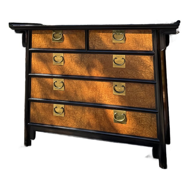 1970s Raymond K. Sobota for Century Furniture Chin Hua Burlwood & Brass Campaign Chest / Dresser For Sale
