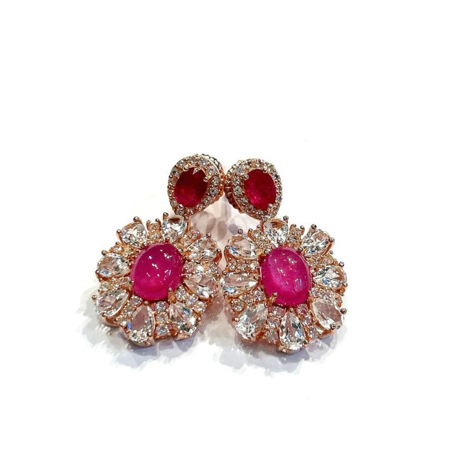Gold Bochic “Orient” Retro Ruby & White Topaz Earrings Set In 18K Gold & Silver, 2 pieces For Sale - Image 8 of 9