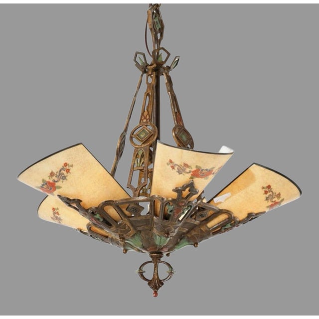 Early 20th Century Early 20th Century Art Deco Paint Decorated Hanging Lamp Light Floral Painted Art Glass Slip Shades For Sale - Image 5 of 12