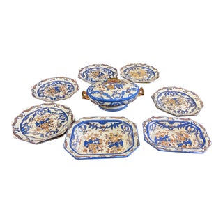 1970s Italian Blue and White Hand Painted Serving Dishes With Gold Accents- Set of 11 For Sale