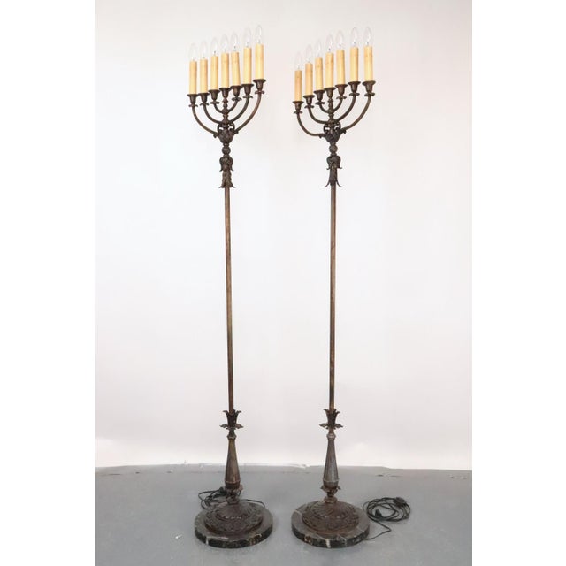 Pair of Bronze Electrified Standing Menorah Candelabras For Sale - Image 12 of 13