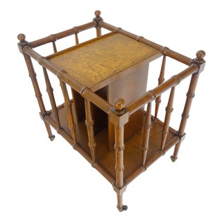 Faux Bamboo & Burl Canterbury Magazine Rack Stand Table on Brass Wheels MINT! For Sale