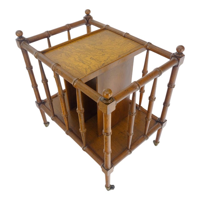 Faux Bamboo & Burl Canterbury Magazine Rack Stand Table on Brass Wheels MINT! For Sale