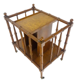 Faux Bamboo & Burl Canterbury Magazine Rack Stand Table on Brass Wheels MINT!