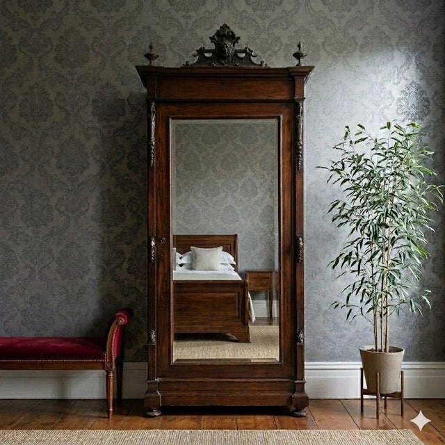 Rosewood veneered wardrobe. Door with beveled mirror, maple interior with two drawers, carved and ebonized cornice and...