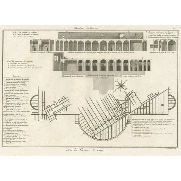 Antique print titled 'Plan des Thermes de Titus Partie Superieure'. Plan of the underground areas of the Baths of Titus....